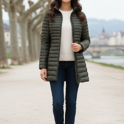 Superleichte Daunenjacke slim fit olivgrün lang - Ansicht 1