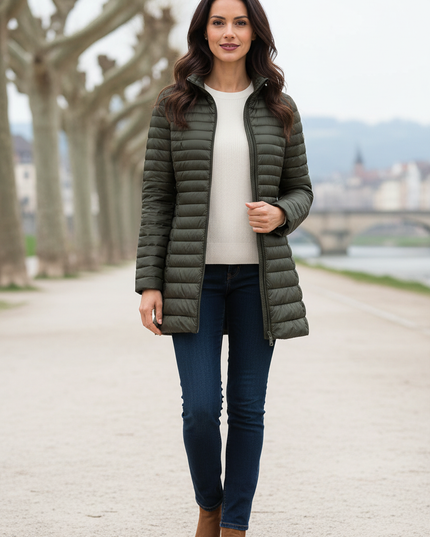 Superleichte Daunenjacke slim fit olivgrün lang - Ansicht 1