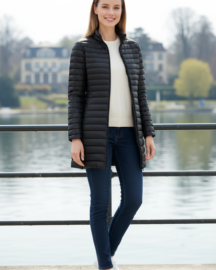 Ultraleichte Daunenjacke Damen Schwarz lang mit Stehkragen - Ansicht 1