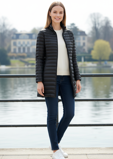 Ultraleichte Daunenjacke Damen Schwarz lang mit Stehkragen - Ansicht 1
