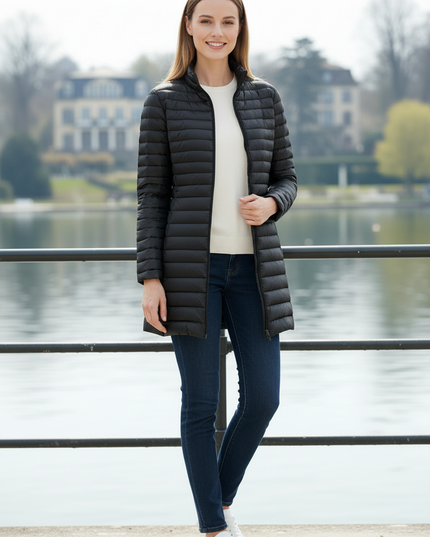 Ultraleichte Daunenjacke Damen Schwarz lang mit Stehkragen - Ansicht 3