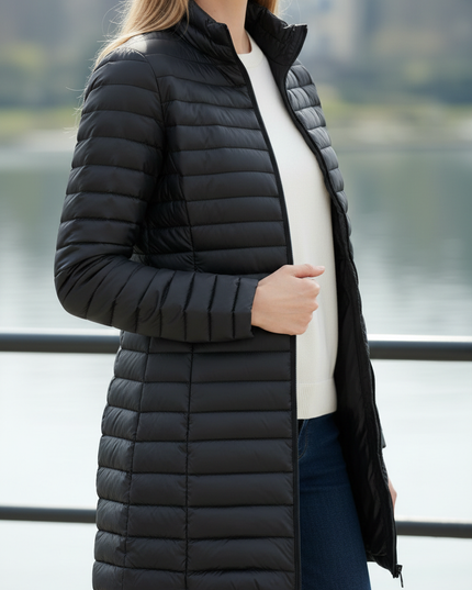 Ultraleichte Daunenjacke Damen Schwarz lang mit Stehkragen - Ansicht 4