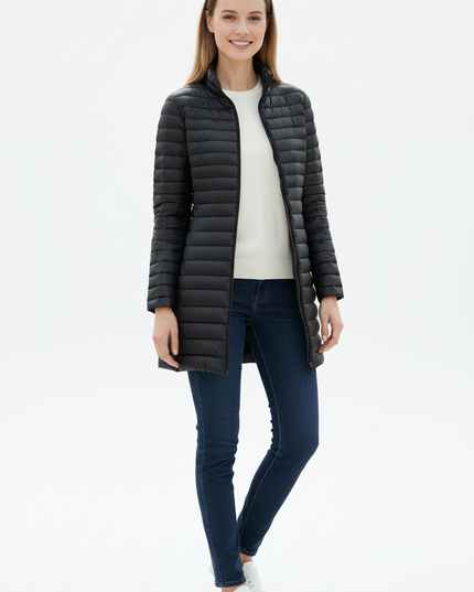 Ultraleichte Daunenjacke Damen Schwarz lang mit Stehkragen - Ansicht 5