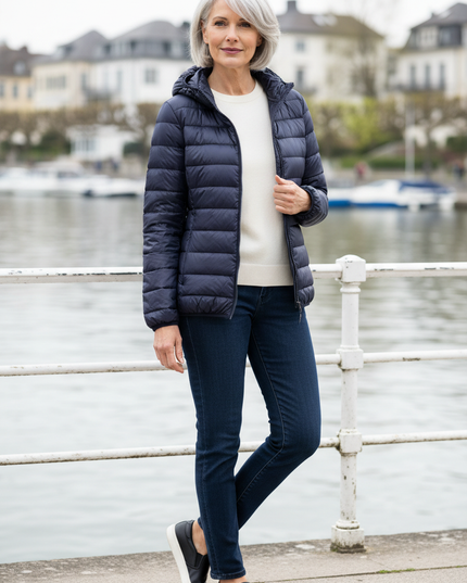 Ultraleichte Daunenjacke Dunkelblau mit Kapuze - Ansicht 1