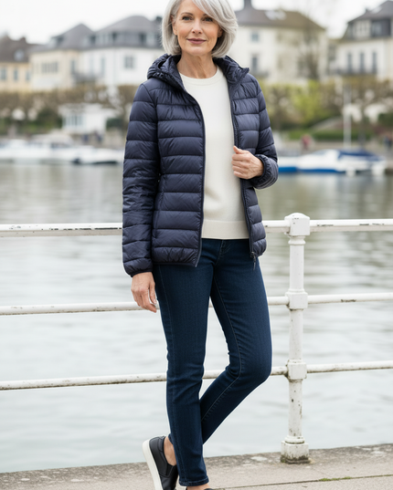 Ultraleichte Daunenjacke Dunkelblau mit Kapuze - Ansicht 3