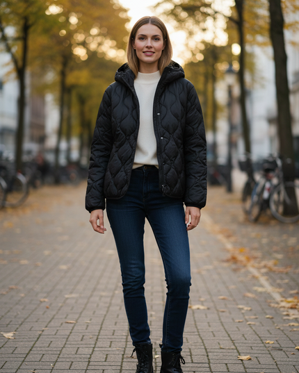 Wattierte Daunenjacke Damen schwarz mit Kapuze - Ansicht 1