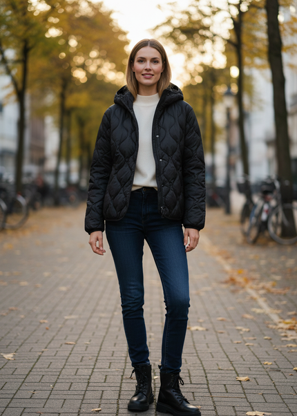 Wattierte Daunenjacke Damen schwarz mit Kapuze - Ansicht 1