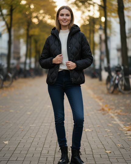 Wattierte Daunenjacke Damen schwarz mit Kapuze - Ansicht 3