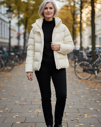 Weiße Daunenjacke Damen kurz mit Kapuze 90% Daunen - Ansicht 1