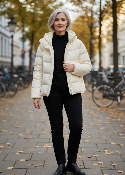 Weiße Daunenjacke Damen kurz mit Kapuze 90% Daunen - Ansicht 1