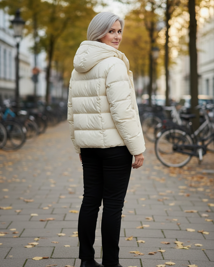 Weiße Daunenjacke Damen kurz mit Kapuze 90% Daunen - Ansicht 2