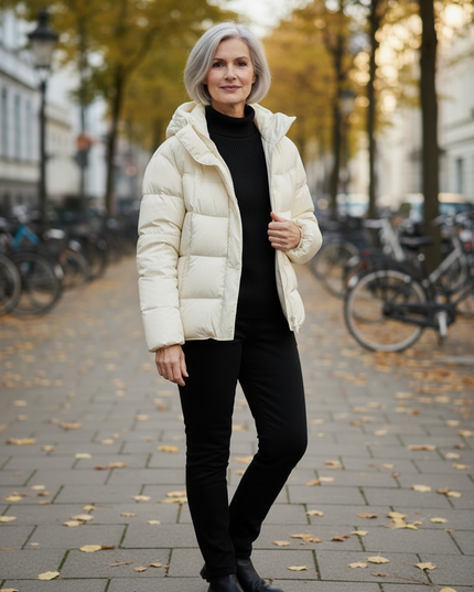 Weiße Daunenjacke Damen kurz mit Kapuze 90% Daunen - Ansicht 3