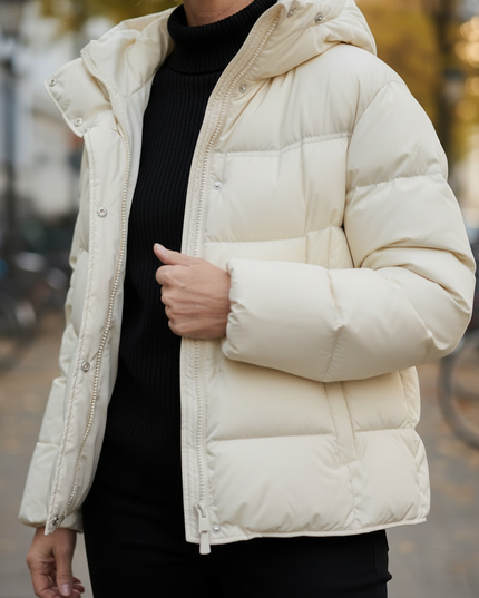 Weiße Daunenjacke Damen kurz mit Kapuze 90% Daunen - Ansicht 4