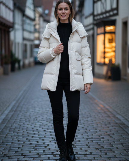 Weiße Daunenjacke Damen lang mit Kapuze - Ansicht 1