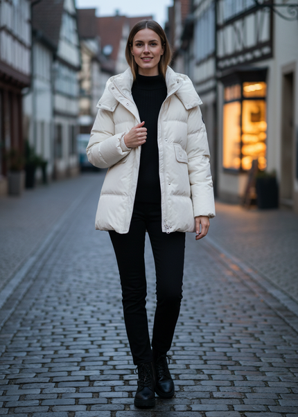 Weiße Daunenjacke Damen lang mit Kapuze - Ansicht 1