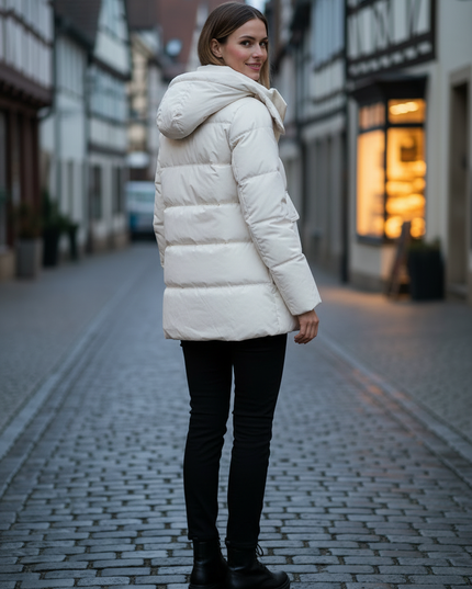 Weiße Daunenjacke Damen lang mit Kapuze - Ansicht 2