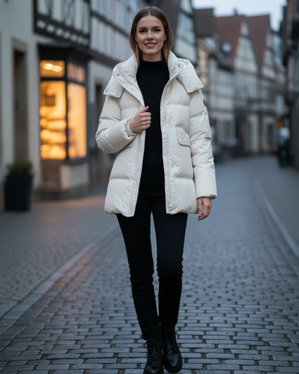 Weiße Daunenjacke Damen lang mit Kapuze - Ansicht 3