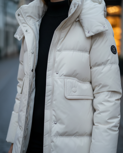 Weiße Daunenjacke Damen lang mit Kapuze - Ansicht 4
