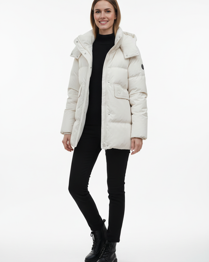 Weiße Daunenjacke Damen lang mit Kapuze - Ansicht 5