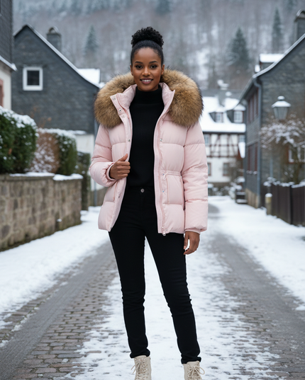 Winterjacke Damen Daunen Kapuze Rosa Echtfell - Ansicht 1