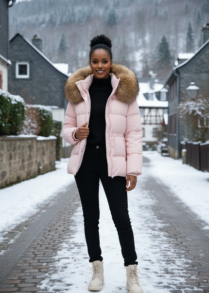 Winterjacke Damen Daunen Kapuze Rosa Echtfell - Ansicht 1