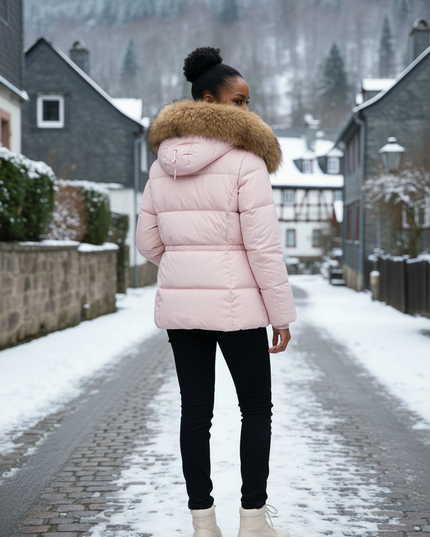 Winterjacke Damen Daunen Kapuze Rosa Echtfell - Ansicht 2