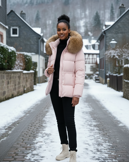 Winterjacke Damen Daunen Kapuze Rosa Echtfell - Ansicht 3