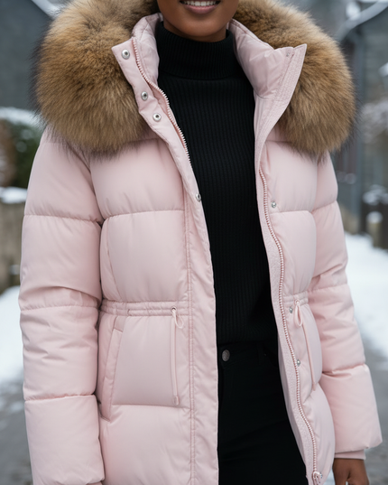 Winterjacke Damen Daunen Kapuze Rosa Echtfell - Ansicht 4