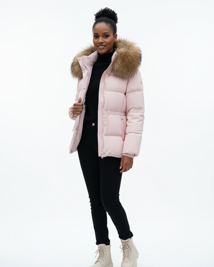 Winterjacke Damen Daunen Kapuze Rosa Echtfell - Ansicht 5