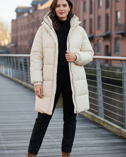 Winterjacke Damen Puffer mit Kapuze in Creme Daunen - Ansicht 1