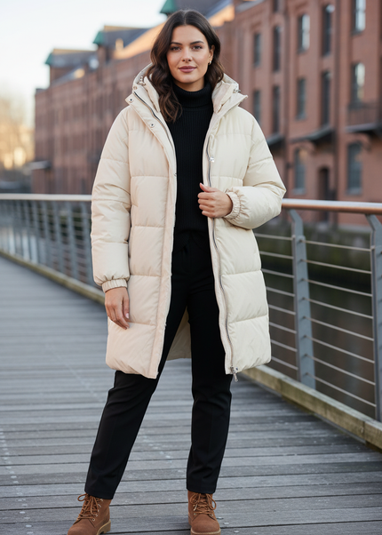 Winterjacke Damen Puffer mit Kapuze in Creme Daunen - Ansicht 1