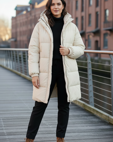 Winterjacke Damen Puffer mit Kapuze in Creme Daunen - Ansicht 3