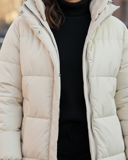 Winterjacke Damen Puffer mit Kapuze in Creme Daunen - Ansicht 4